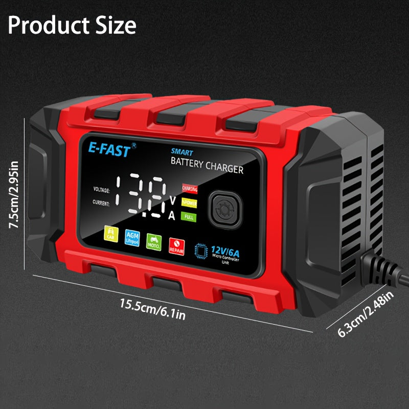 12V 6A Smart Car Battery Charger with Large Color Screen - Trickle Charger & Maintainer, Desulfator Technology, Temperature-Adjusted for Optimal Charging, Fast & Efficient, Red/Black, US Plug, Portable Charger