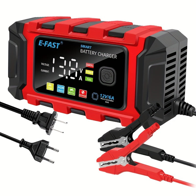 12V 6A Smart Car Battery Charger with Large Color Screen - Trickle Charger & Maintainer, Desulfator Technology, Temperature-Adjusted for Optimal Charging, Fast & Efficient, Red/Black, US Plug, Portable Charger