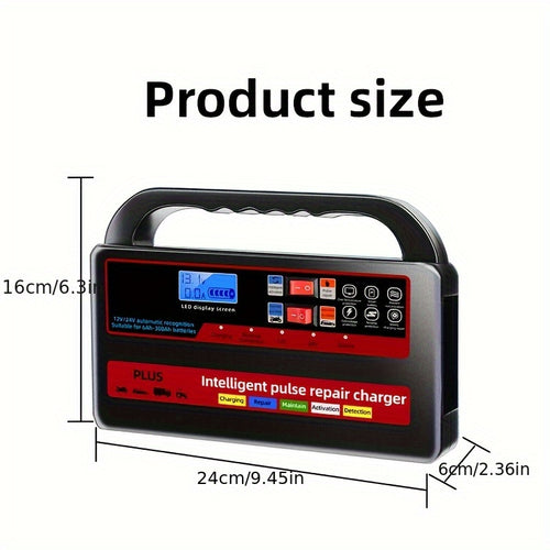 12V/24V High Performance Car Battery Charger - Dual-Voltage, Pulse Smart Pulse Repair Technology for Efficient Battery Recovery - Universally Compatible with Cars, SUVs, Trucks, Boats, and Motorcycles