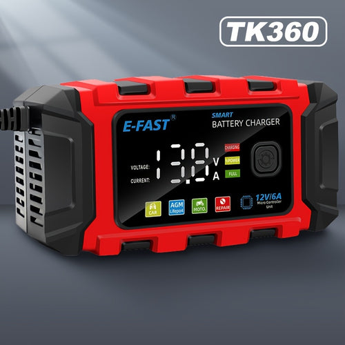 12V 6A Smart Car Battery Charger with Large Color Screen - Trickle Charger & Maintainer, Desulfator Technology, Temperature-Adjusted for Optimal Charging, Fast & Efficient, Red/Black, US Plug, Portable Charger