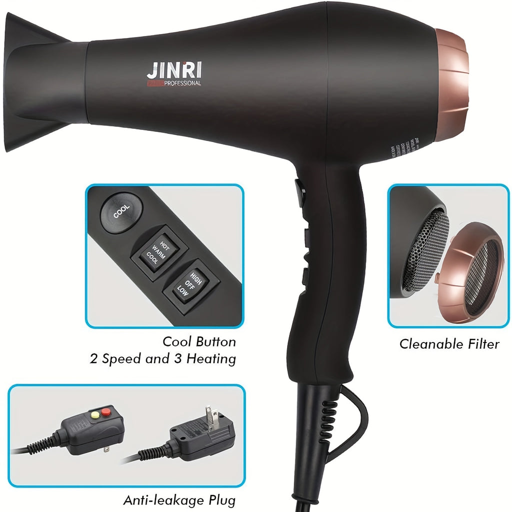 1875W JINRI Pro Salon Hair Dryer - Fast Drying, Low Noise, Negative Ionic Technology with 2 Speeds, 3 Heat Settings, and Multiple Attachments - Perfect Mothers Day Gift