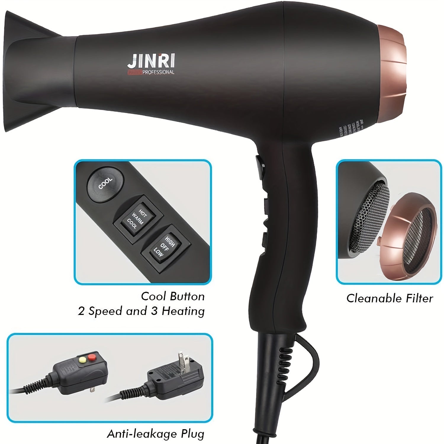 1875W JINRI Pro Salon Hair Dryer - Fast Drying, Low Noise, Negative Ionic Technology with 2 Speeds, 3 Heat Settings, and Multiple Attachments - Perfect Mothers Day Gift