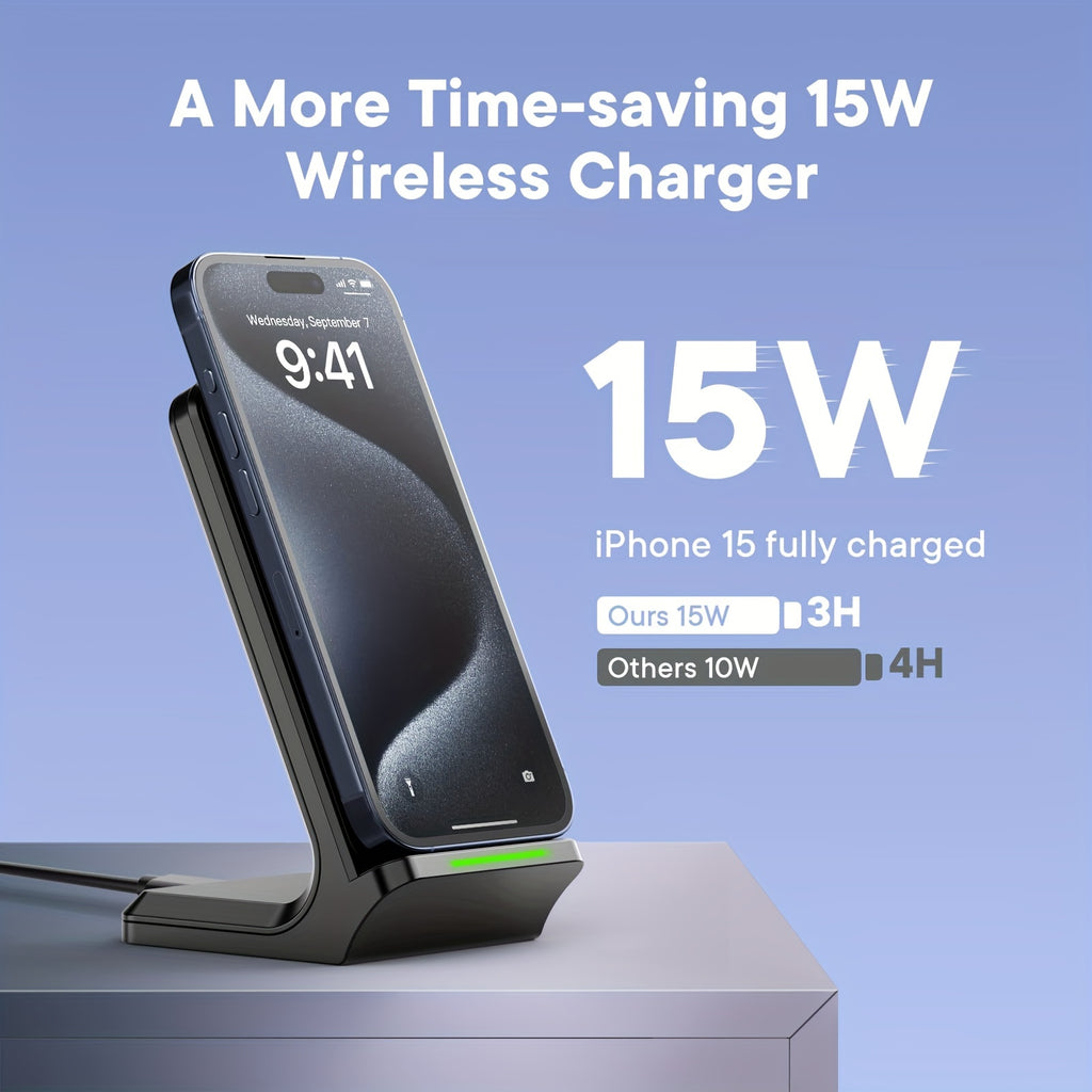 15W Fast Wireless Charger Stand - Universal Wireless Charging Station for iPhone 15/14/13/12/11/Pro/Max/Plus/XS/XR/X and Samsung Galaxy S22/S21/S20/S10/S9/Note10/9, Qi-Enabled Phones with Rapid Charging Technology