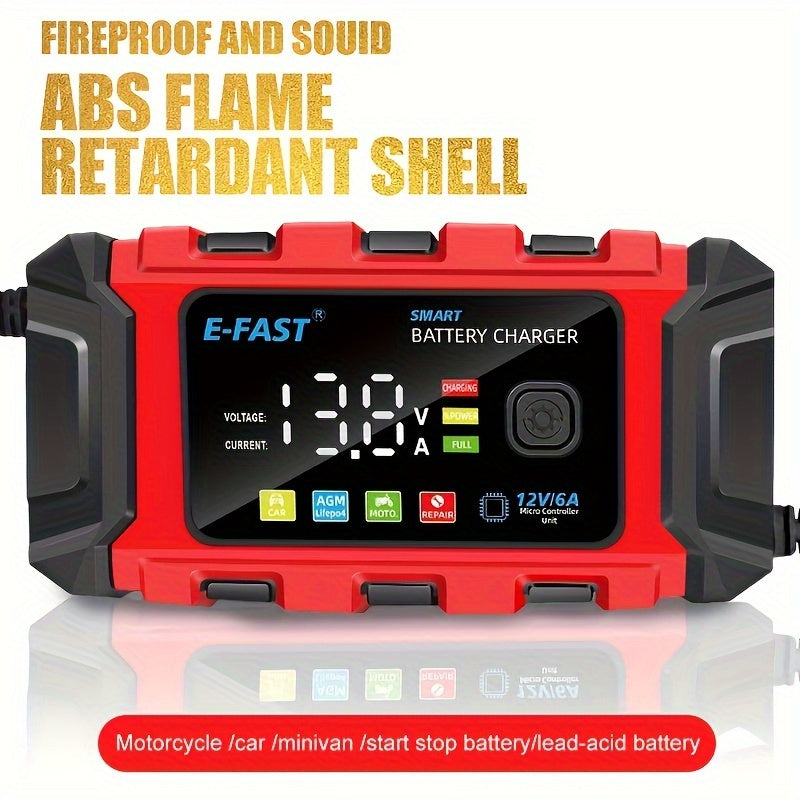 12V 6A Smart Car Battery Charger with Large Color Screen - Trickle Charger & Maintainer, Desulfator Technology, Temperature-Adjusted for Optimal Charging, Fast & Efficient, Red/Black, US Plug, Portable Charger