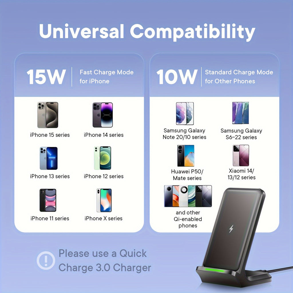 15W Fast Wireless Charger Stand - Universal Wireless Charging Station for iPhone 15/14/13/12/11/Pro/Max/Plus/XS/XR/X and Samsung Galaxy S22/S21/S20/S10/S9/Note10/9, Qi-Enabled Phones with Rapid Charging Technology