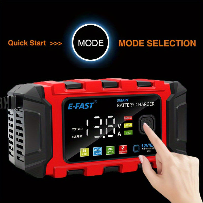 12V 6A Smart Car Battery Charger with Large Color Screen - Trickle Charger & Maintainer, Desulfator Technology, Temperature-Adjusted for Optimal Charging, Fast & Efficient, Red/Black, US Plug, Portable Charger