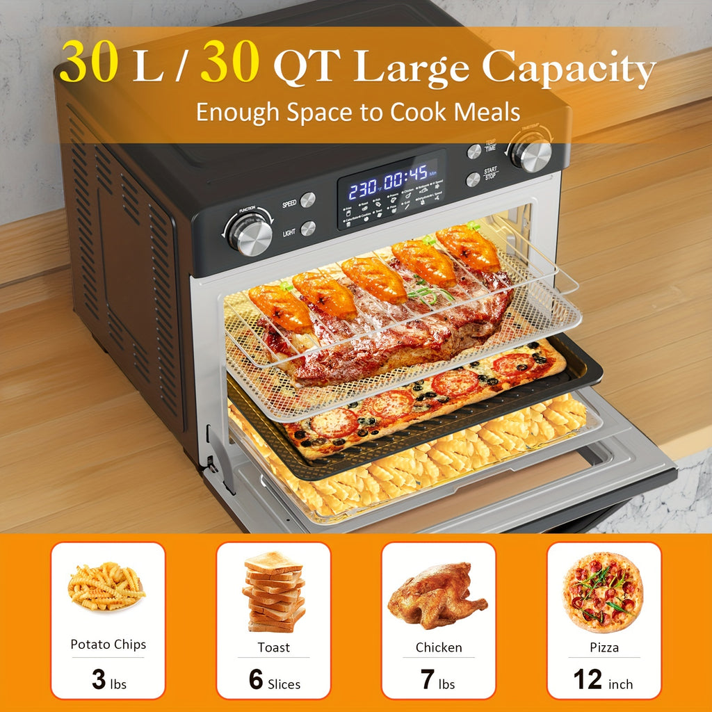 30QT Large Capacity Smart 12-in-1 Air Fryer Toaster Oven Combo - Multi-Functional Convection Oven for Baking, Roasting, Reheating, Broiling, Dehydrating, and More - Versatile Countertop Kitchen Appliance with Advanced Cooking