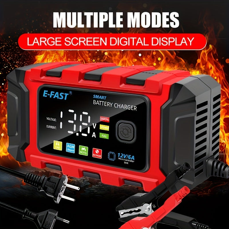 12V 6A Smart Car Battery Charger with Large Color Screen - Trickle Charger & Maintainer, Desulfator Technology, Temperature-Adjusted for Optimal Charging, Fast & Efficient, Red/Black, US Plug, Portable Charger