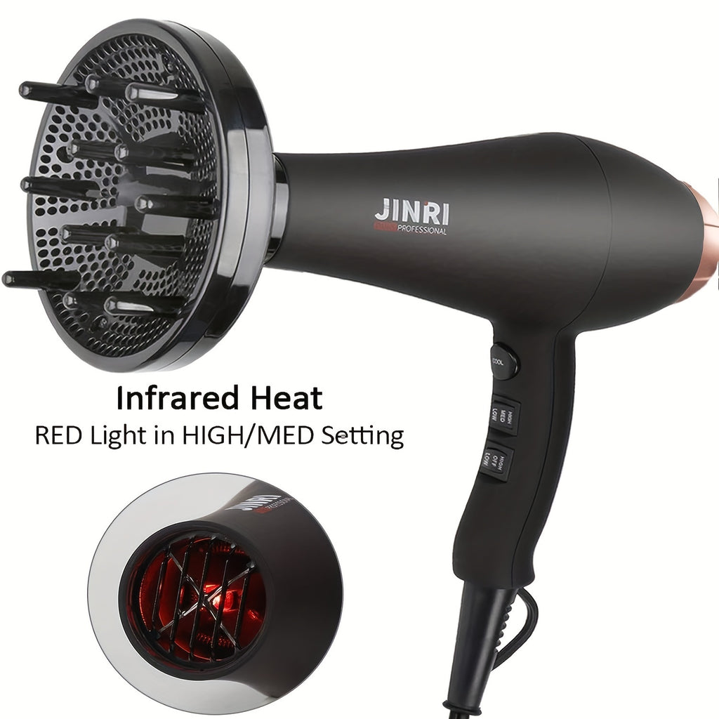 1875W JINRI Pro Salon Hair Dryer - Fast Drying, Low Noise, Negative Ionic Technology with 2 Speeds, 3 Heat Settings, and Multiple Attachments - Perfect Mothers Day Gift
