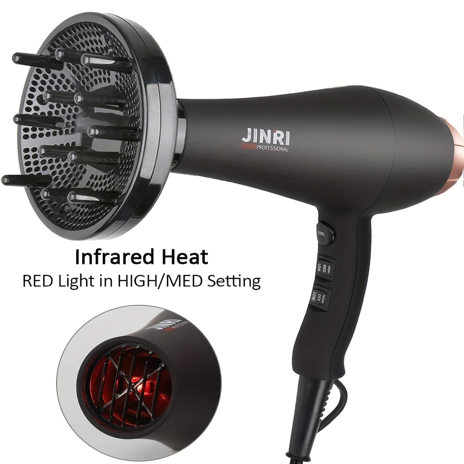 1875W JINRI Pro Salon Hair Dryer - Fast Drying, Low Noise, Negative Ionic Technology with 2 Speeds, 3 Heat Settings, and Multiple Attachments - Perfect Mothers Day Gift