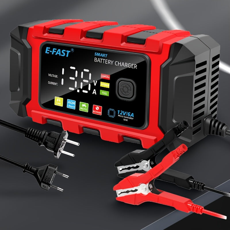 12V 6A Smart Car Battery Charger with Large Color Screen - Trickle Charger & Maintainer, Desulfator Technology, Temperature-Adjusted for Optimal Charging, Fast & Efficient, Red/Black, US Plug, Portable Charger