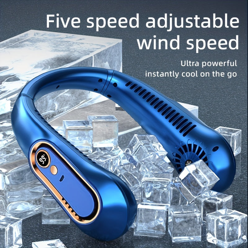1pc Vaneless Hanging Neck Fan, Portable USB Cooler Fan With 5 Speeds And Digital Display - Super Strong Technology And Bladeless Design For Outdoor Use